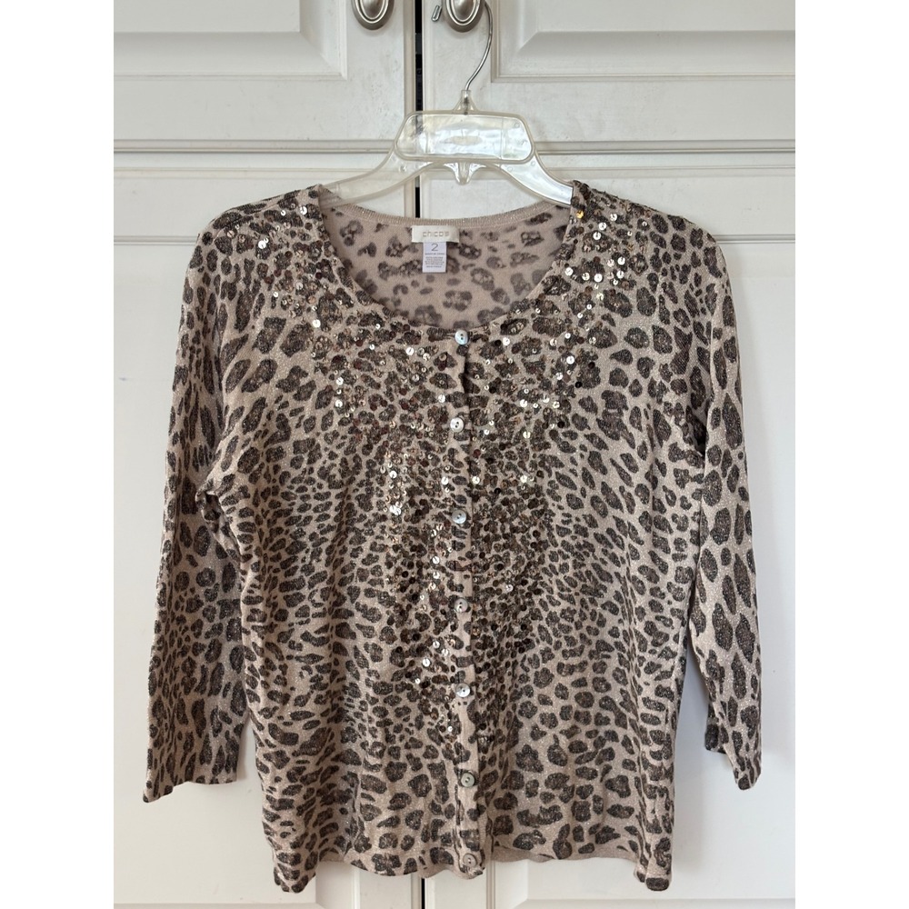 Chico's Leopard Print Sequin Metallic Cardigan Sweater Brown Gold Size 2 L